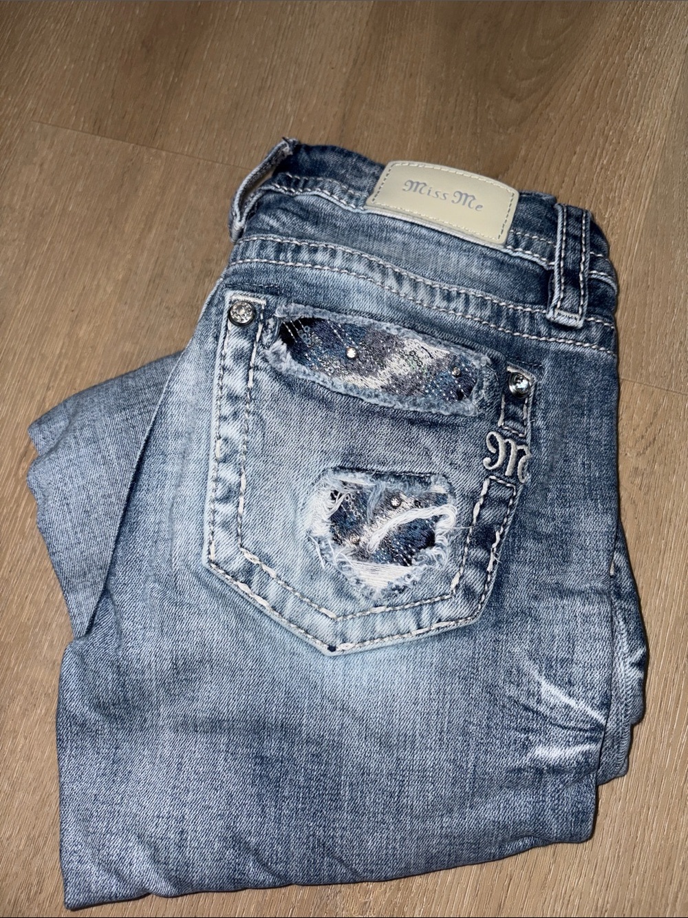 Miss Me Blue Distressed Back Pocket Jeans with Sequin Accent